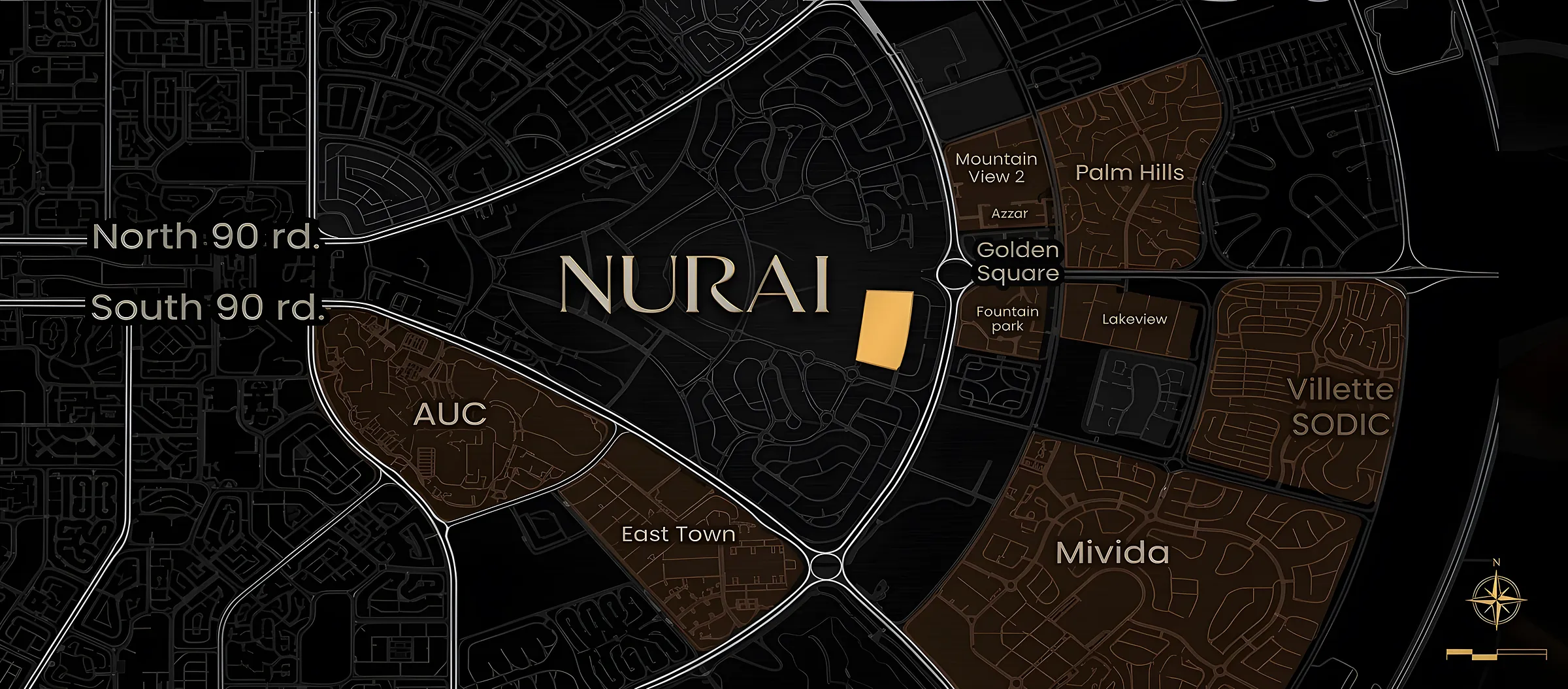Map of Nurai New Cairo in Golden Square, Fifth Settlement, near AUC, Mivida and Palm Hills