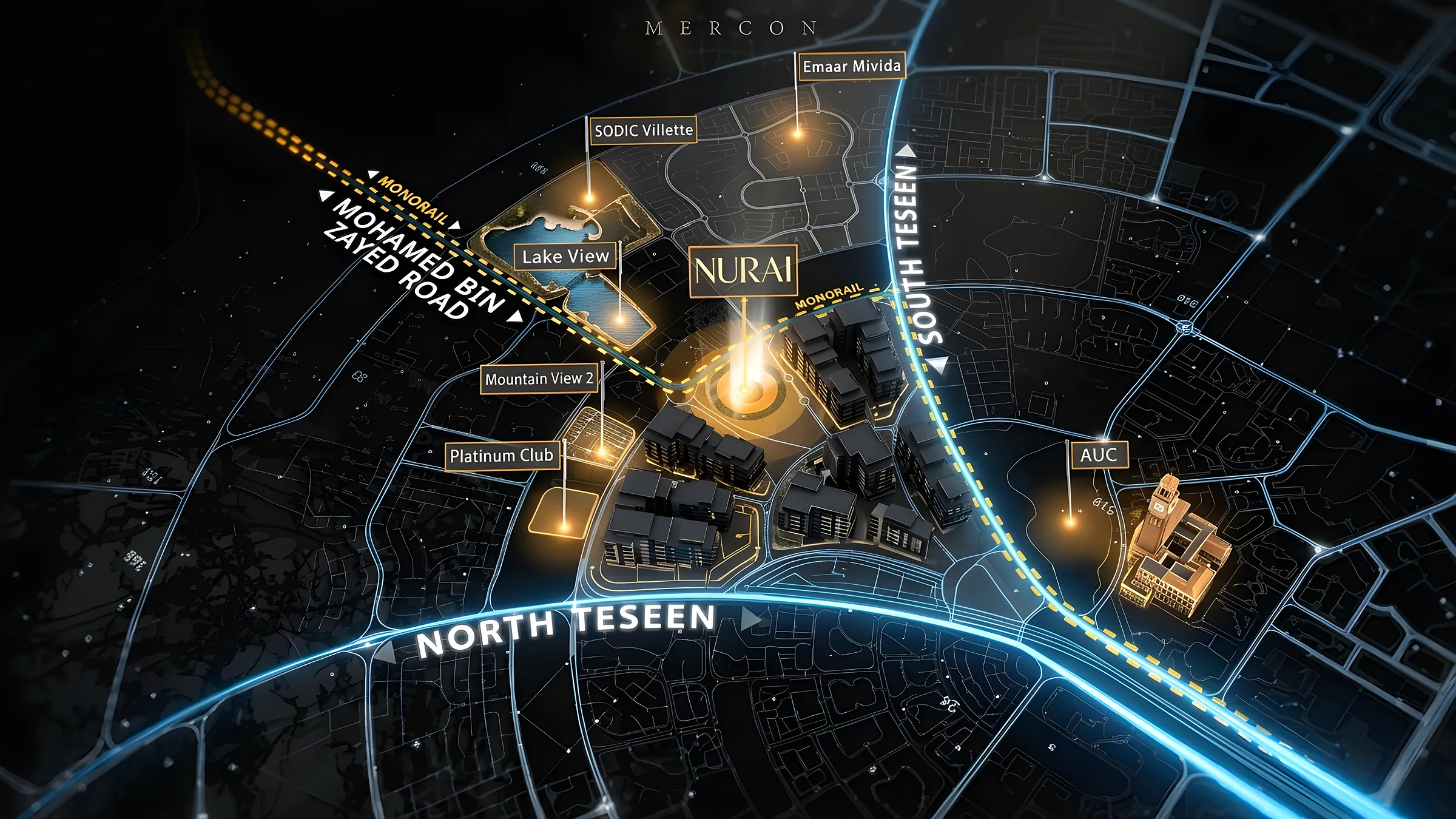 Nurai New Cairo location map with Mohamed Bin Zayed Road, North and South 90th Street and nearby compounds